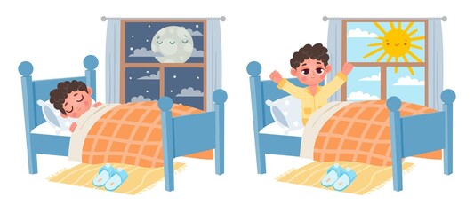 Cartoon kid boy sleep at night, wake up at morning. Child in bed and window with moon or sun. Sweet dreams and healthy sleep vector concept - obrazy, fototapety, plakaty