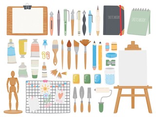 Artist toolkit. Cartoon paint and calligraphy supplies. Sketchbooks and pens, easel, watercolor, paintbrushes and tubes. Drawing vector set