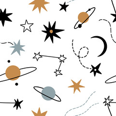 Simple vector seamless pattern. Doodle hand drawn planets, comets, stars, constellations