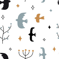 Simple minimalist seamless pattern with yellow, black and blue doodle birds, plants