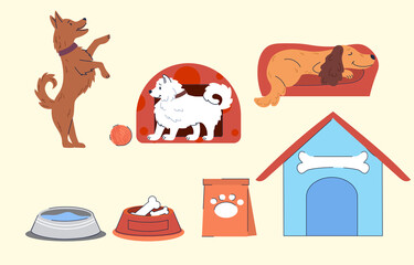 Set of different dog supplies on beige background. Food, toys, home, collar, leash, tag, bone. Concept of pet shop or store. Hand drawn colorful icons. Flat cartoon vector illustration