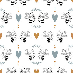Seamless pattern with bee couple and hearts