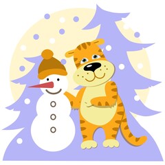 Cute orange tiger cub sculpts a snowman on the street against the background of Christmas trees, snow is falling. 