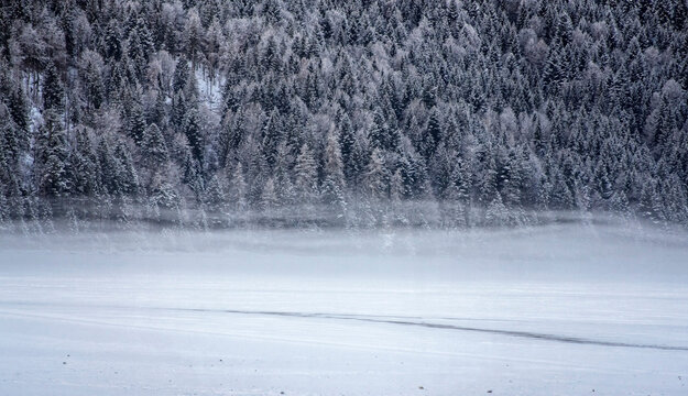 Winter fog on frozen iced Eibsee lake with snowy forest panorama landscape in Bavaria Wetterstein mountains in the morning light