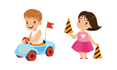 Little Kid Pedestrian Learning Road Sign and Traffic Rule Vector Set