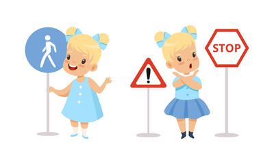 Little Blond Girl Pedestrian Learning Road Sign and Traffic Rule Vector Set