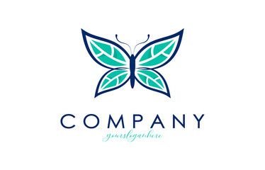 Eco Bio Butterfly with Leaves Logo Concept in Green and Blue colors. Vector Illustration.