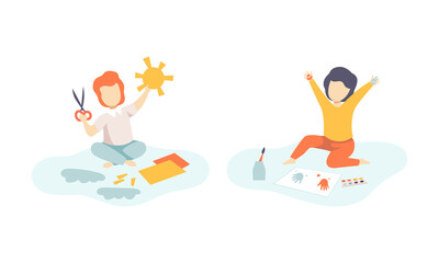 Creative Boy Sitting on the Floor Making Applique and Printing Aquarelle Hand on Paper Vector Set