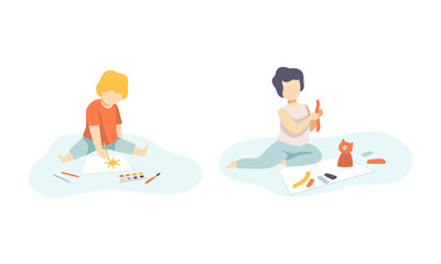 Creative Boy Sitting on the Floor Modeling from Plasticine and Painting with Aquarelle Vector Set