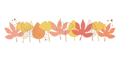秋の植物セット　紅葉と銀杏の落ち葉と線画のシンプルセット