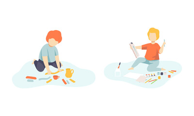 Creative Boy Sitting on the Floor Modeling from Plasticine and Painting with Aquarelle Vector Set