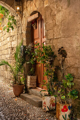 Door and flowers. Old town in Rhodes Greece