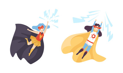 Little Girl in Superhero Cloak and Mask Having Superpower Flying Vector Set