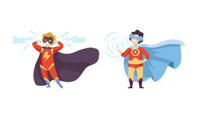 Little Boy in Superhero Cloak and Mask Having Superpower Flying Vector Set