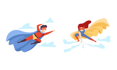 Obraz premium Little Boy and Girl in Superhero Cloak and Mask Having Superpower Flying Vector Set