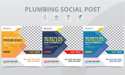 Premium Plumber Social Media Post Colorful Shapes Template. Modern Professional Plumbing Social Square Banner Layouts with Photo College for The Personal Blog Digital Marketing.