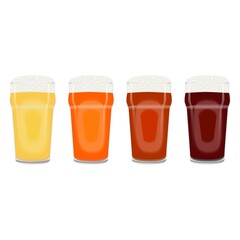 Set with craft beer in nonic pints for banners, flyers, posters, cards. Light and dark beer, ale, and lager. Beer Day. October fest. Vector illustration isolated on white background.