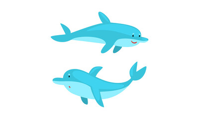 Blue Dolphin Character Swimming and Floating Deep in the Ocean Vector Set