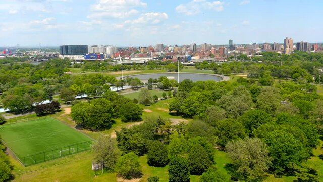 Distant Aerial View of the Downtown Flushing Skyline in Queens, NY
