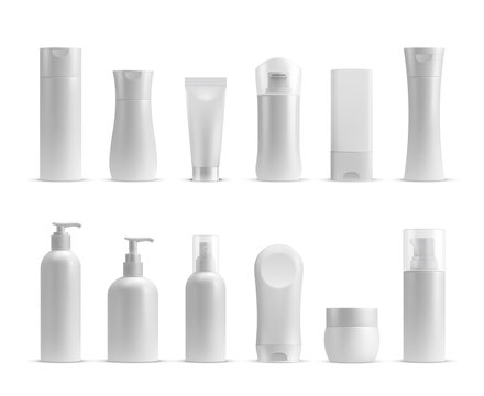Realistic cosmetic bottles, cream jar and tube mockups. Shampoo, lotion, skin care, beauty and hygiene product plastic packages vector set