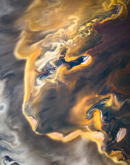 a colorful lake from above, aerial view