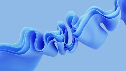 Fotobehang 3d render, abstract modern blue background, folded ribbons macro, fashion wallpaper with wavy layers and ruffles © wacomka