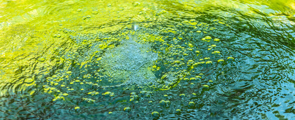 Water drop and bubbles in a cool green water fountain. Abstract background.