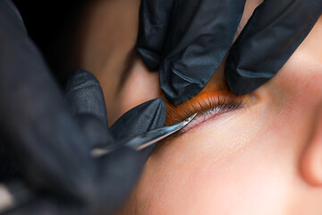 the hands of the master close up correct the eyelash glued to the roller with special tweezers