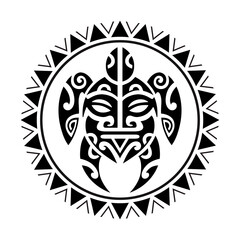 Obraz premium Sea turtle and face Maori style. Tattoo sketch round circle ornament