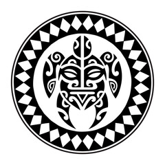 Sea turtle and face Maori style. Tattoo sketch round circle ornament