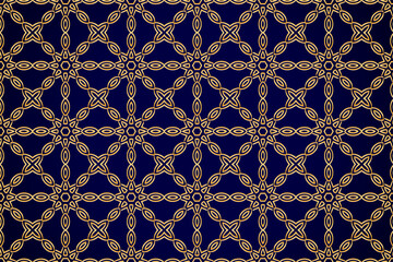 3d volumetric convex embossed geometric dark blue background with ethnic original gold pattern. Oriental, Asian, Indian ornament in the style of openwork arabesque for design and decoration.