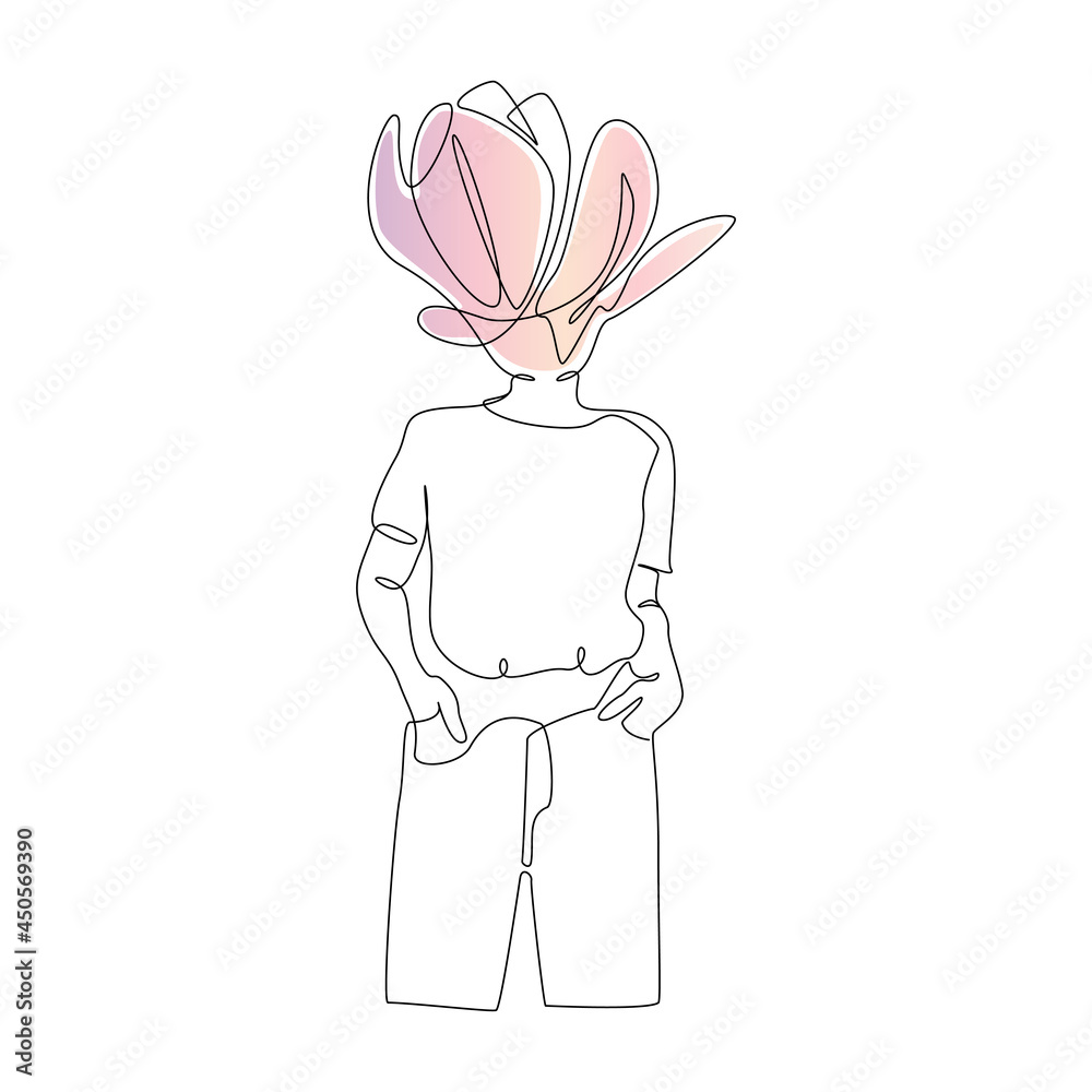 Poster one continuous line drawing of abstract woman silhouette with flower. modern female portrait with ma