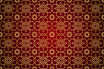3d volumetric convex embossed geometric dark red background with ethnic unique original gold pattern. Oriental, Asian, Indian ornament in the style of openwork arabesque for design and decoration.