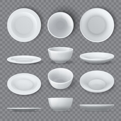 Dinner plates mockups. Realistic white ceramic dishes and empty bowl top, angle and side views. Porcelain round tableware dish 3d vector set