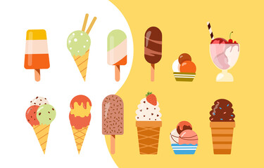 Set of tasty colorful ice creams on white and yellow background. Sweet summer delicacy gelatos with different tasties, collection ice-cream cones and popsicle. Flat cartoon vector illustration