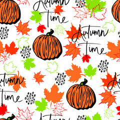 vector seamless pattern autumn leaves and  pumpkin with lettering autumn time background. Autumn clip art hand painted, isolated. Halloween pumpkin. for invitations, greeting cards, print, banners