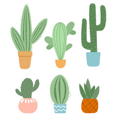Set of cute cactus and succulents in pots on white background. Beautiful colorful pots for small green cactus of different shape. Flat cartoon vector illustration