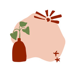 Modern abstract art print. Hand drawn illustration. Warm earthly palette. Beige, cream, green, brown. Crock with palm branchf with abstract simple shape painted sun.