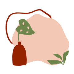 Modern abstract art print. Hand drawn illustration. Warm earthly palette. Beige, cream, green, brown. Crock with palm branchf with abstract simple shape painted sun.