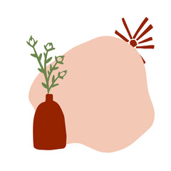 Modern abstract art print. Hand drawn illustration. Warm earthly palette. Beige, green, brown. Crock with plant, painted sun, abstract simple shape with text place.