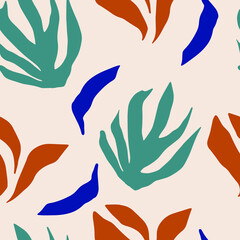 Abstract trendy seamless pattern with random different silhouettes of tropical plants in warm earthy colors. Brown, beige, dark blue, green. Modern textile, branding, packaging.