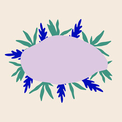 Modern floral abstract wreath in blue, green, lilac colours. Soft background. Hand drawn different tropical leaves. Perfect for greeting card, postcard, social media post, banner.