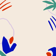 Modern abstract art in blue, green, beige. Gentle square frame with the text place. Plants, floral elements, abstract shapes. Perfect for greeting card, wall art, poster, social media post, banner.