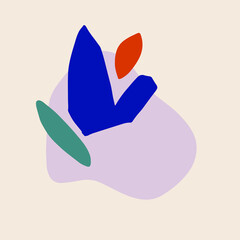 Modern simple abstract art. Hand drawn illustration with crossing silhouettes of different hand drawn shapes in warm earthy colors. Green, dark blue, mustard, lilac, cream. 