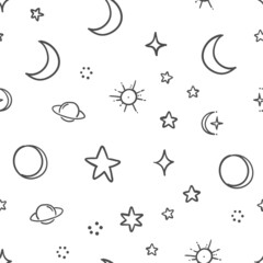 Celestial doodles seamless pattern. Hand drawn stars, planets and moons background texture.