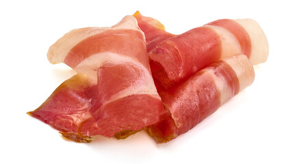 Jamon serrano. Traditional Spanish ham, isolated on white background.