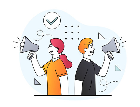 Young male and female business characters are shouting in megaphone for getting attention. Concept of announcement, speaker, advertising. People speaking loudly. Flat cartoon vector illustration