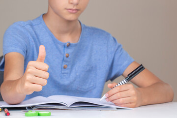 Boy hand holding pen in left hand and writing in a notebook, doing homework. Thumb up hand gesture. Left Handers Day