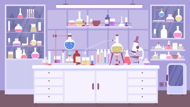 Flat chemical lab room interior with scientist equipment. Chemistry classroom or science laboratory with experiment on table, vector scene