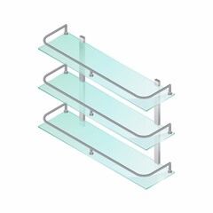 Isometric vector illustration empty glass shelf isolated on white background. Realistic transparent glass shelf icon in flat cartoon style. Modern rectangle bookshelf. Transparent panel for exhibit.